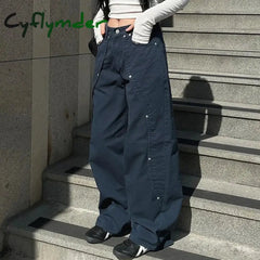 Cyflymder Korean Women Patchwork Baggy Jeans High Street Y2K Casual Grunge Cargo Pants Fashion Chic Rivet Detail