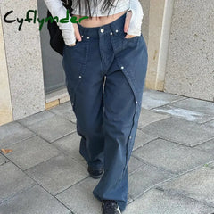 Cyflymder Korean Women Patchwork Baggy Jeans High Street Y2K Casual Grunge Cargo Pants Fashion Chic Rivet Detail