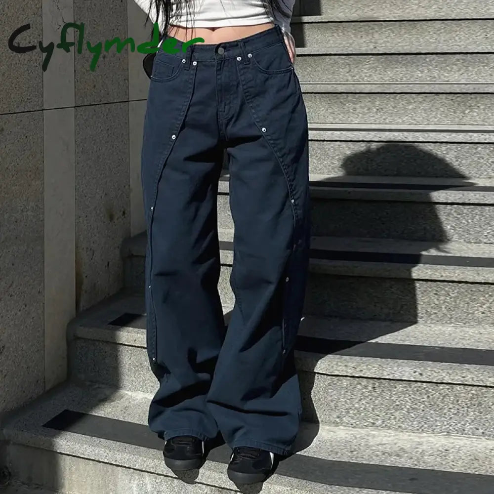 Cyflymder Korean Women Patchwork Baggy Jeans High Street Y2K Casual Grunge Cargo Pants Fashion Chic Rivet Detail