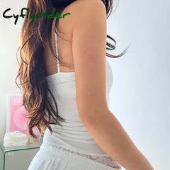 Cyflymder Lace Patchwork Solid Camis Sleeveless Bow Spagetti Strap Y2K Top Aesthetic 90s Harajuku Cute Women’s White