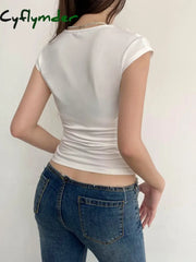 Cyflymder summer inspo Lace Patchwork V Neck Elegant Sexy White T-Shirt Women Summer Short Sleeve Spring Fashion Solid