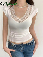 Cyflymder summer inspo Lace Patchwork V Neck Elegant Sexy White T-Shirt Women Summer Short Sleeve Spring Fashion Solid