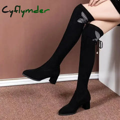 Cyflymder Ladies High Heels Fashion Pointed Toe Women’s Over-the-Knee Boots Slim Slimming Black High Boots Bota Camurca