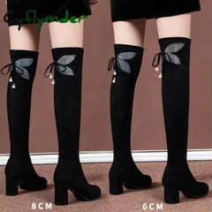 Cyflymder Ladies High Heels Fashion Pointed Toe Women’s Over-the-Knee Boots Slim Slimming Black High Boots Bota Camurca