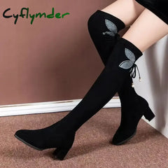 Cyflymder Ladies High Heels Fashion Pointed Toe Women’s Over-the-Knee Boots Slim Slimming Black High Boots Bota Camurca
