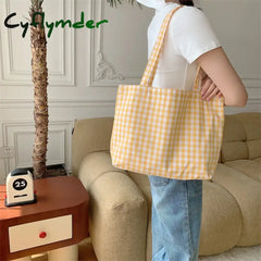 Cyflymder Ladies New Style Canvas Fabric Plaid Shoulder Bag Fashion Simple Handbag Large Casual