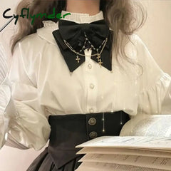 Cyflymder Ladies Set White Half High Neck Lantern Sleeve Shirt + Black Girdling Spliced Skirt Bow Gothic Lolita Single
