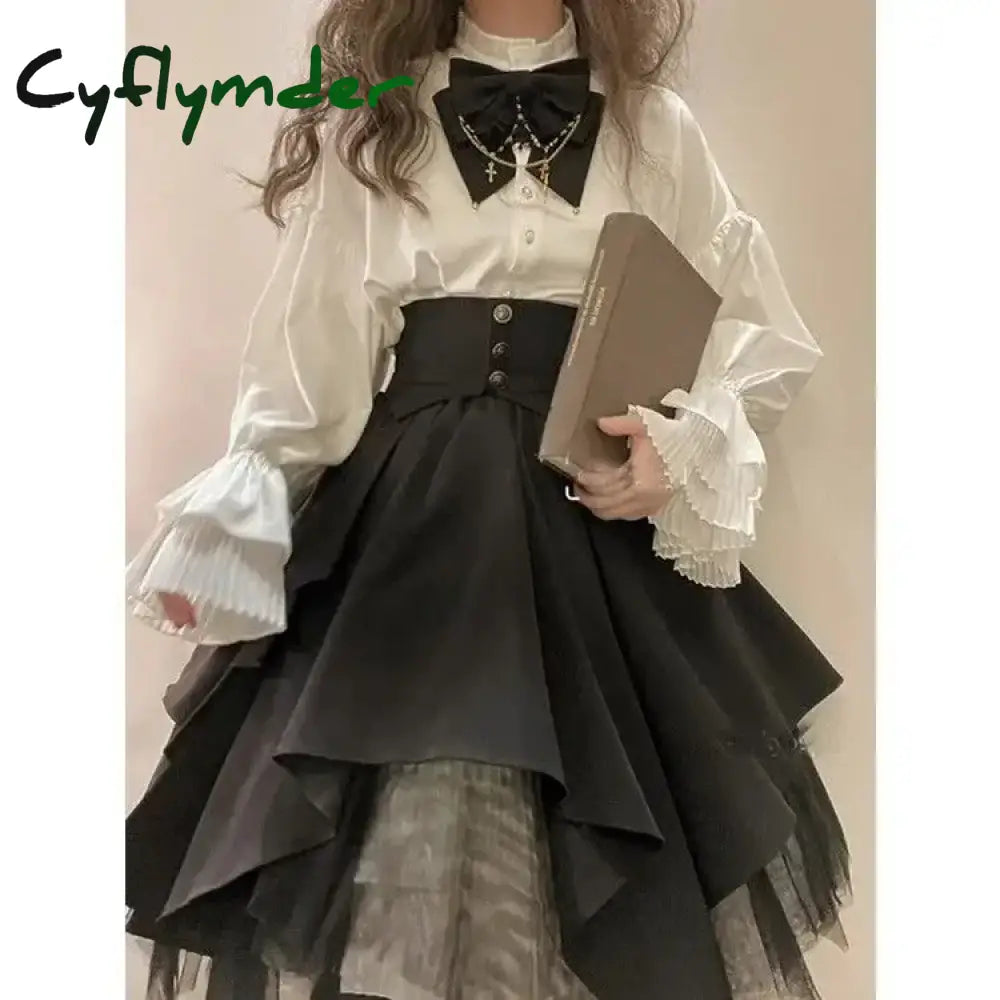 Cyflymder Ladies Set White Half High Neck Lantern Sleeve Shirt + Black Girdling Spliced Skirt Bow Gothic Lolita Single