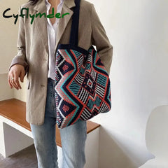 Cyflymder Lady Knitting Gypsy Bohemian Boho Chic Aztec Tote Bag Women Crochet Woolen Open Shopper