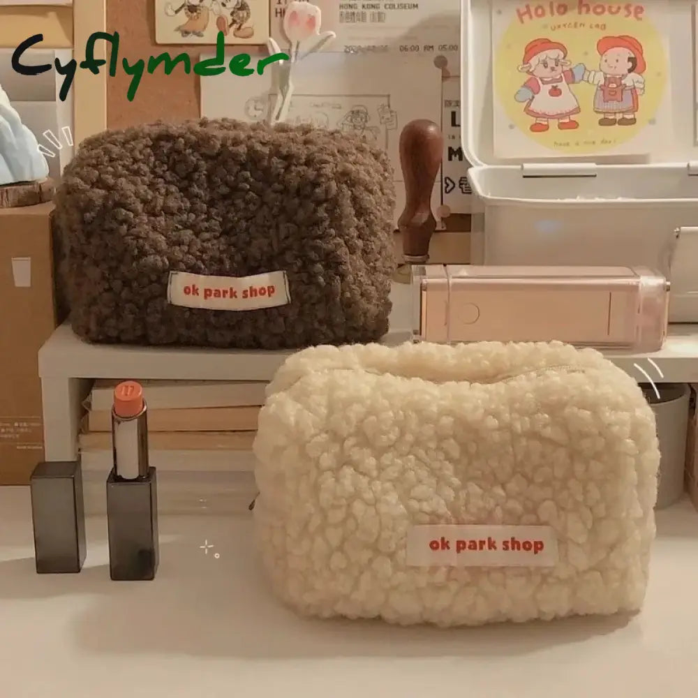 Cyflymder Lamb Hair Cosmetic Bag Plush Storage Cute Stationery Large Capacity Travel Makeup