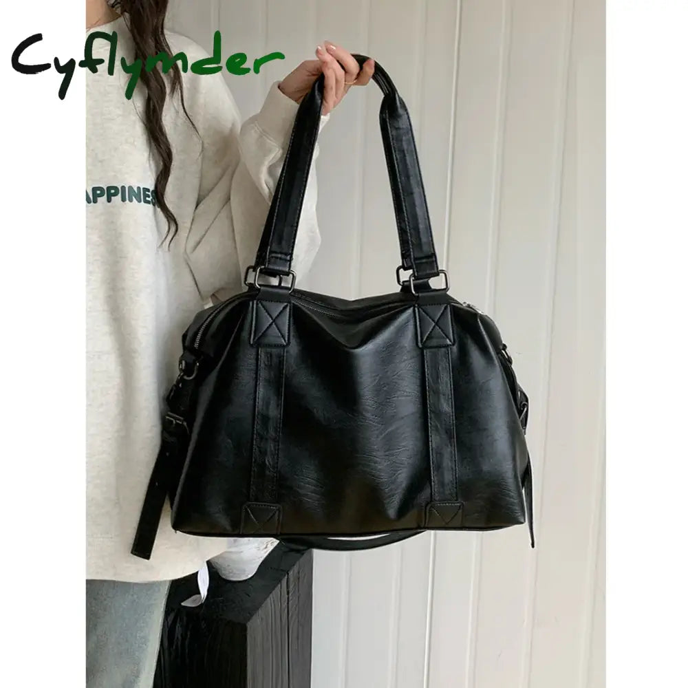Cyflymder Large Capacity Black Shoulder Bags For Women Large Shopper Bag Solid Color Soft Leather Crossbody Handbag