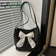 Cyflymder Large Capacity Bow Handbag Fashion Reusable Korean Style Shoulder Bags Canvas Bag