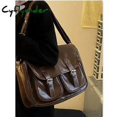 Cyflymder Large Capacity Brown Messenger Bag Women Vintage Soft Chic Pu Leather Handbag Female Harajuku Casual
