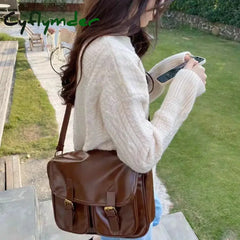 Cyflymder Large Capacity Brown Messenger Bag Women Vintage Soft Chic Pu Leather Handbag Female Harajuku Casual