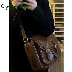 Cyflymder Large Capacity Brown Messenger Bag Women Vintage Soft Chic Pu Leather Handbag Female Harajuku Casual