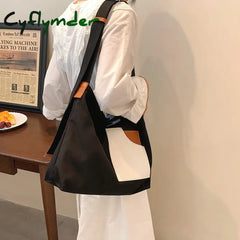 Cyflymder Large Capacity Canvas Tote Bags For Women New Contrast Color Bucket Travel Bag Simple