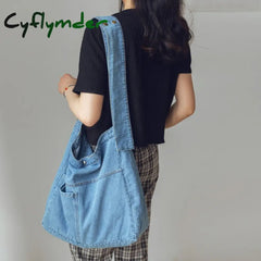 Cyflymder Large Capacity Ladies Shopping Bag Solid Color Women’s Grocery Fashion Denim Shoulder