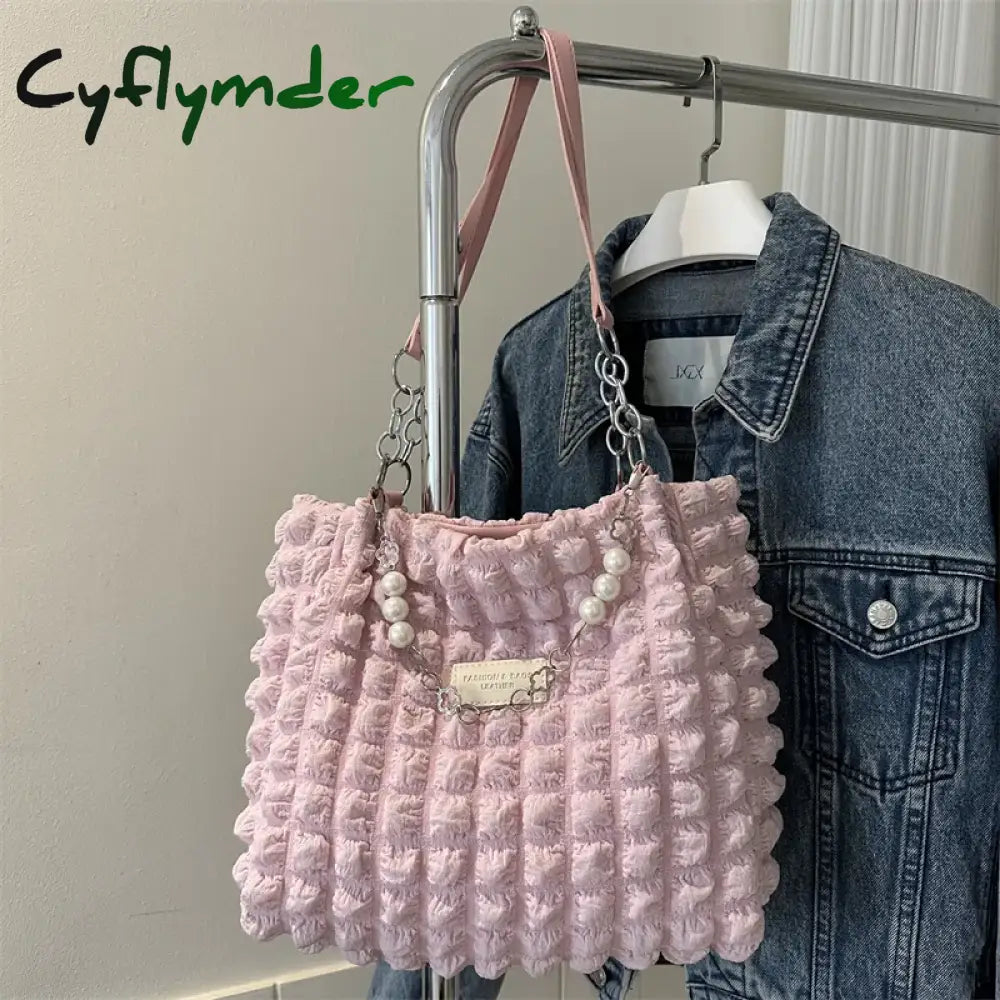 Cyflymder Large Capacity Ladies Tote Bag Fashion Plaid Women’s Beaded Chain Shoulder Bags Soft