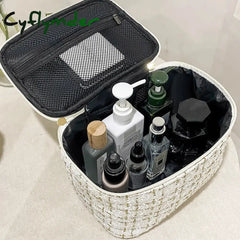 Cyflymder Large Woven Cloth Makeup Bag For Travel – Fashionable Cosmetic Pouch Organizer Stylish