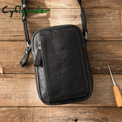 Cyflymder Leather Men’s Mini Bag Head Leather Hand-Made Slant Male Trend One-Shoulder Black