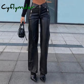 Cyflymder leather pants outfits winter PU Leather Zipper Slim Pants Y2K Casual Party Streetwear High-waist Straight Leg
