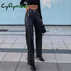 Cyflymder leather pants outfits winter PU Leather Zipper Slim Pants Y2K Casual Party Streetwear High-waist Straight Leg