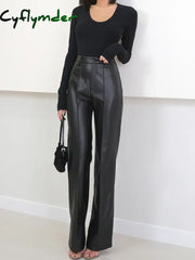 Cyflymder leather pants outfits winter Spring Autumn Long Black Soft Pu Leather Pants Women with Zipper High Waist