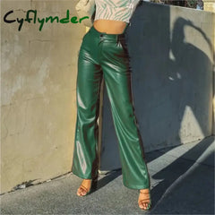 Cyflymder leather pants outfits winter Women’ S New Fashion Solid PU Micro-trumpet Leather Pants Autumn Winter Loose