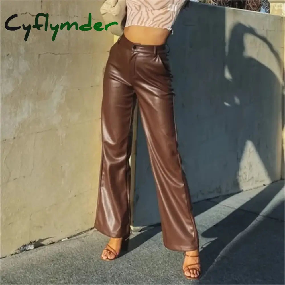 Cyflymder leather pants outfits winter Women’ S New Fashion Solid PU Micro-trumpet Leather Pants Autumn Winter Loose