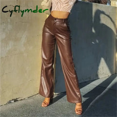 Cyflymder leather pants outfits winter Women’ S New Fashion Solid PU Micro-trumpet Leather Pants Autumn Winter Loose