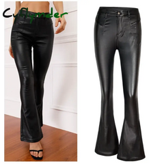 Cyflymder leather pants outfits winter Women’s High Waist Slim Fit Leather Pants Fleece Lining Rock Style Flare Pants