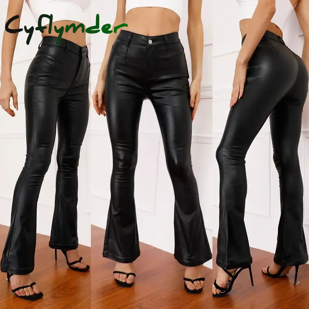 Cyflymder leather pants outfits winter Women’s High Waist Slim Fit Leather Pants Fleece Lining Rock Style Flare Pants