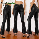 Cyflymder leather pants outfits winter Women’s High Waist Slim Fit Leather Pants Fleece Lining Rock Style Flare Pants