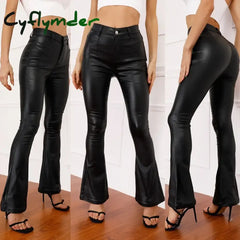 Cyflymder leather pants outfits winter Women’s High Waist Slim Fit Leather Pants Fleece Lining Rock Style Flare Pants