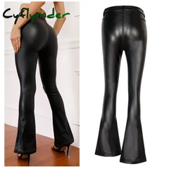 Cyflymder leather pants outfits winter Women’s High Waist Slim Fit Leather Pants Fleece Lining Rock Style Flare Pants