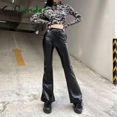 Cyflymder leather pants outfits winter Women’s Y2K Slim Fit Solid Flare Pu Leather Long Pants Button High Waist Elastic