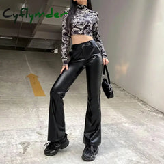 Cyflymder leather pants outfits winter Women’s Y2K Slim Fit Solid Flare Pu Leather Long Pants Button High Waist Elastic