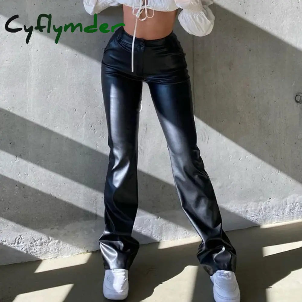Cyflymder leather pants outfits winter Women’s Y2K Slim Fit Solid Flare Pu Leather Long Pants Button High Waist Elastic