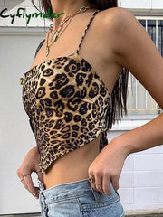 Cyflymder Leopard Pattern Women Tank Tops Backless Sexy Rave Outfits Sleeveless Cross Lace Up