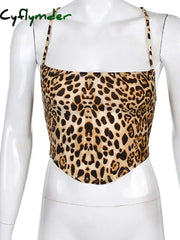 Cyflymder Leopard Pattern Women Tank Tops Backless Sexy Rave Outfits Sleeveless Cross Lace Up