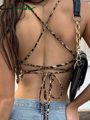 Cyflymder Leopard Pattern Women Tank Tops Backless Sexy Rave Outfits Sleeveless Cross Lace Up