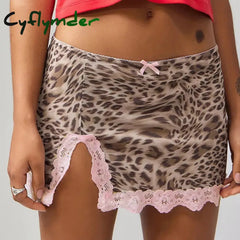 Cyflymder Leopard Print Mini Skirt Sexy Y2K Lace Patchwork Grunge Bottoms Aesthetic Fashion Low Waisted Women’s Skirts