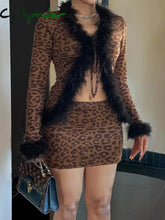 Cyflymder Leopard Print Two Pieces of Sets Women’s Lace-up Sexy Coats and Mini Skirts Outfit Aesthetic Long Sleeved
