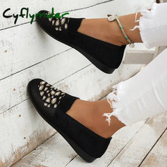 Cyflymder Leopard Prints Knitted Loafers Women Breathable Mesh Shallow Flats Shoes Woman Lightweight Casual Slip-On