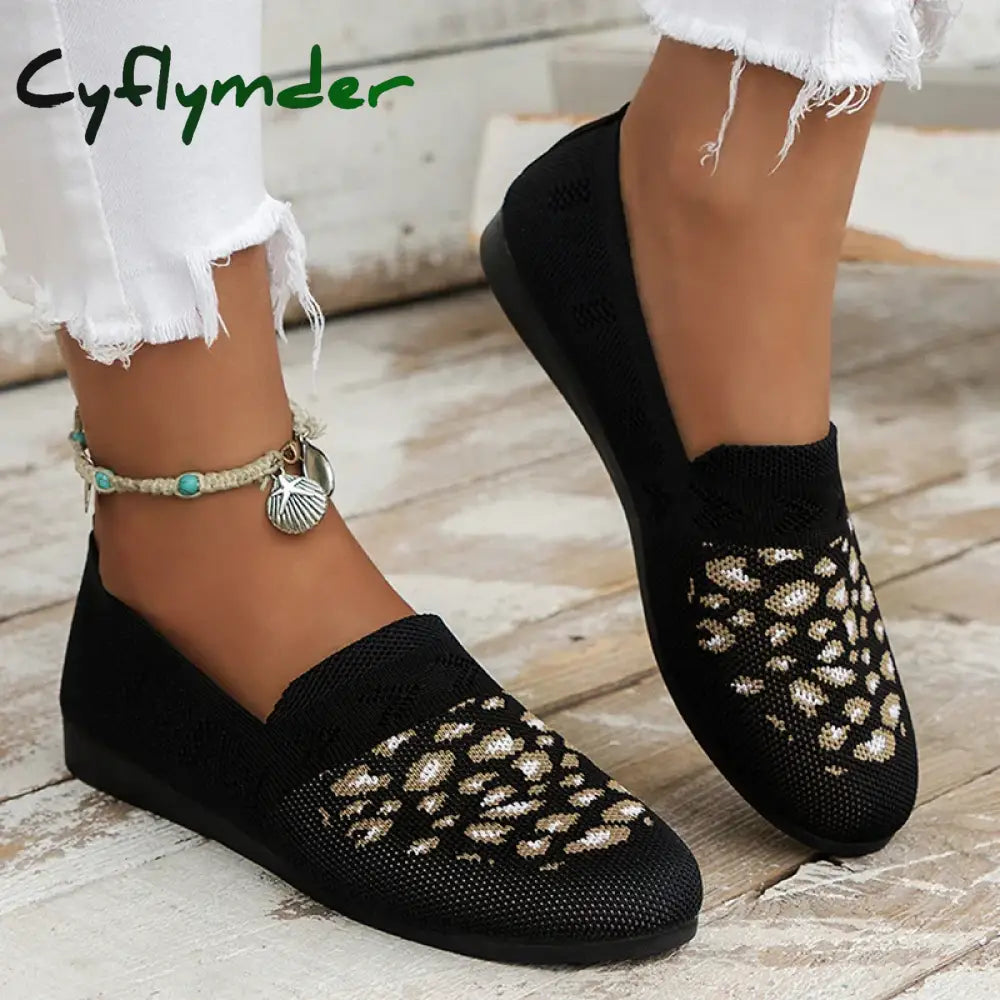 Cyflymder Leopard Prints Knitted Loafers Women Breathable Mesh Shallow Flats Shoes Woman Lightweight Casual Slip-On