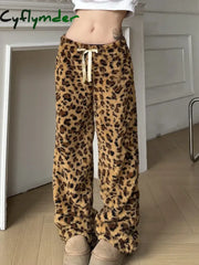Cyflymder Leopard Velvet Women Loose Long Pants Bow Y2k Retro Fashion Chic Warm Autumn New Trousers Design Street Style