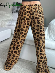 Cyflymder Leopard Velvet Women Loose Long Pants Bow Y2k Retro Fashion Chic Warm Autumn New Trousers Design Street Style