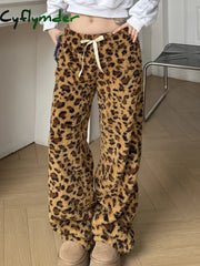 Cyflymder Leopard Velvet Women Loose Long Pants Bow Y2k Retro Fashion Chic Warm Autumn New Trousers Design Street Style