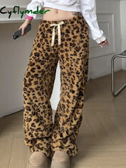 Cyflymder Leopard Velvet Women Loose Long Pants Bow Y2k Retro Fashion Chic Warm Autumn New Trousers Design Street Style