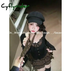 Cyflymder Leopard Vintage Suits Women Design Elegant Y2k Thin Sweater Pullover + Mini Skirts Casual 2000s Clothing 2